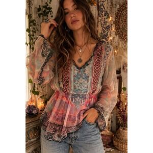 Mushka by Sienna Rose Womens Boho Paisley Smocked Waist Mini Dress Tunic Medium